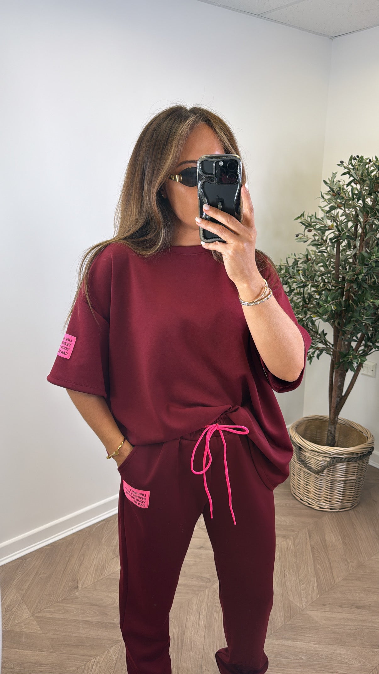 LESSIE burgundy life logo lounge set with cuffed joggers