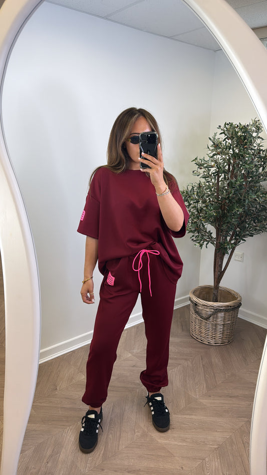 LESSIE burgundy life logo lounge set with cuffed joggers