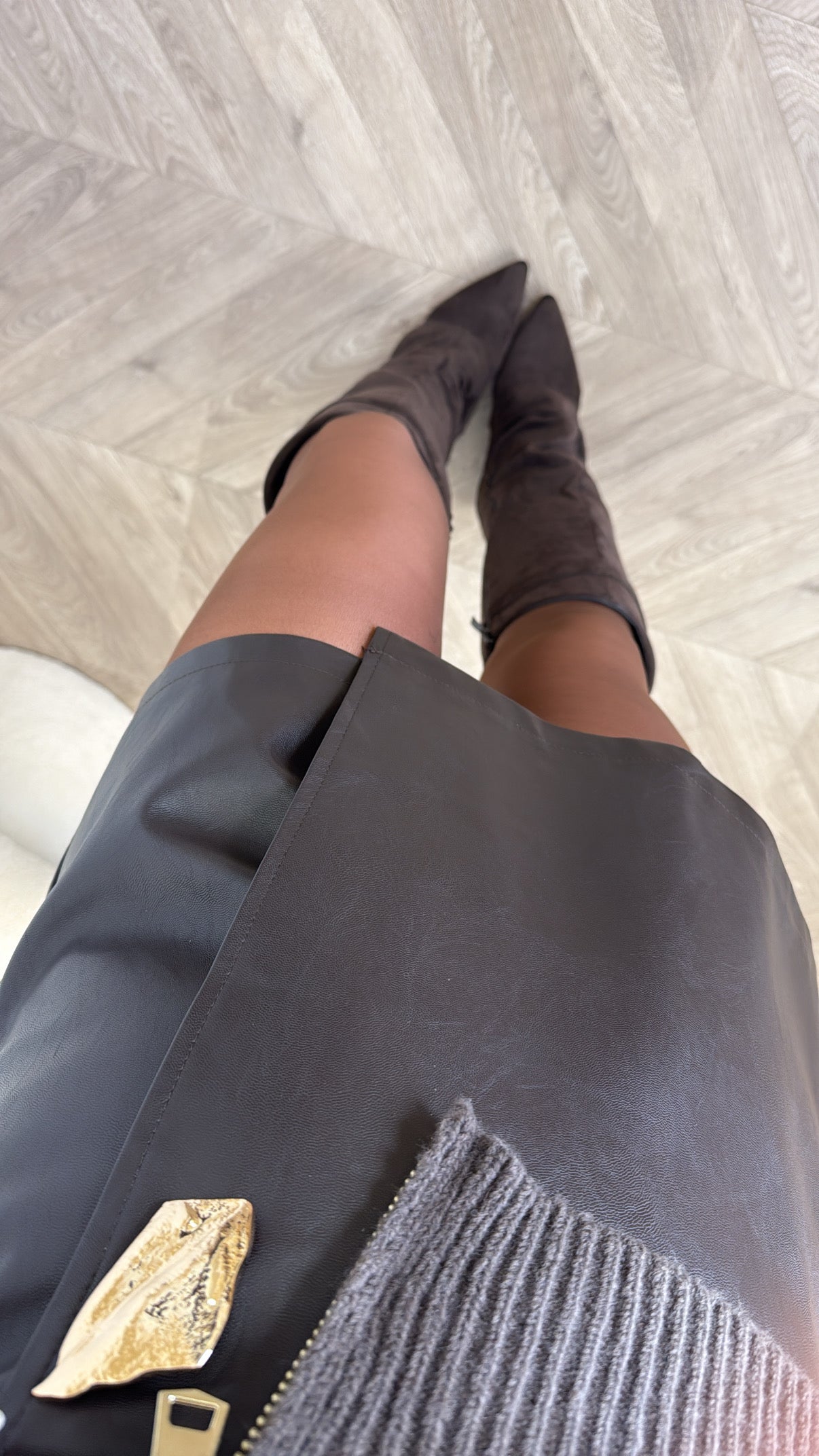 MARCY brown faux leather skort with gold hardware