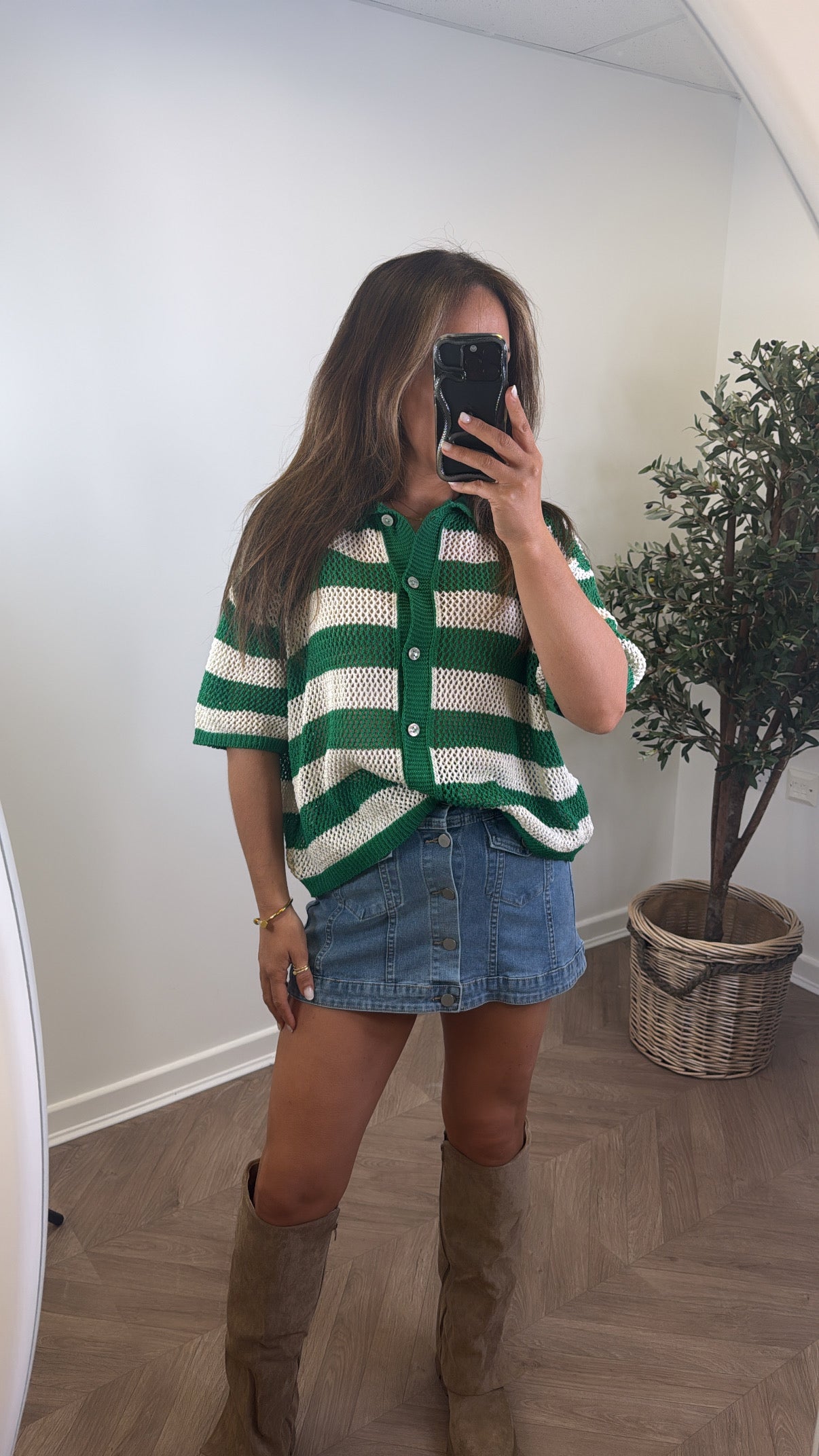 ROMI green and cream stripe button up crochet top