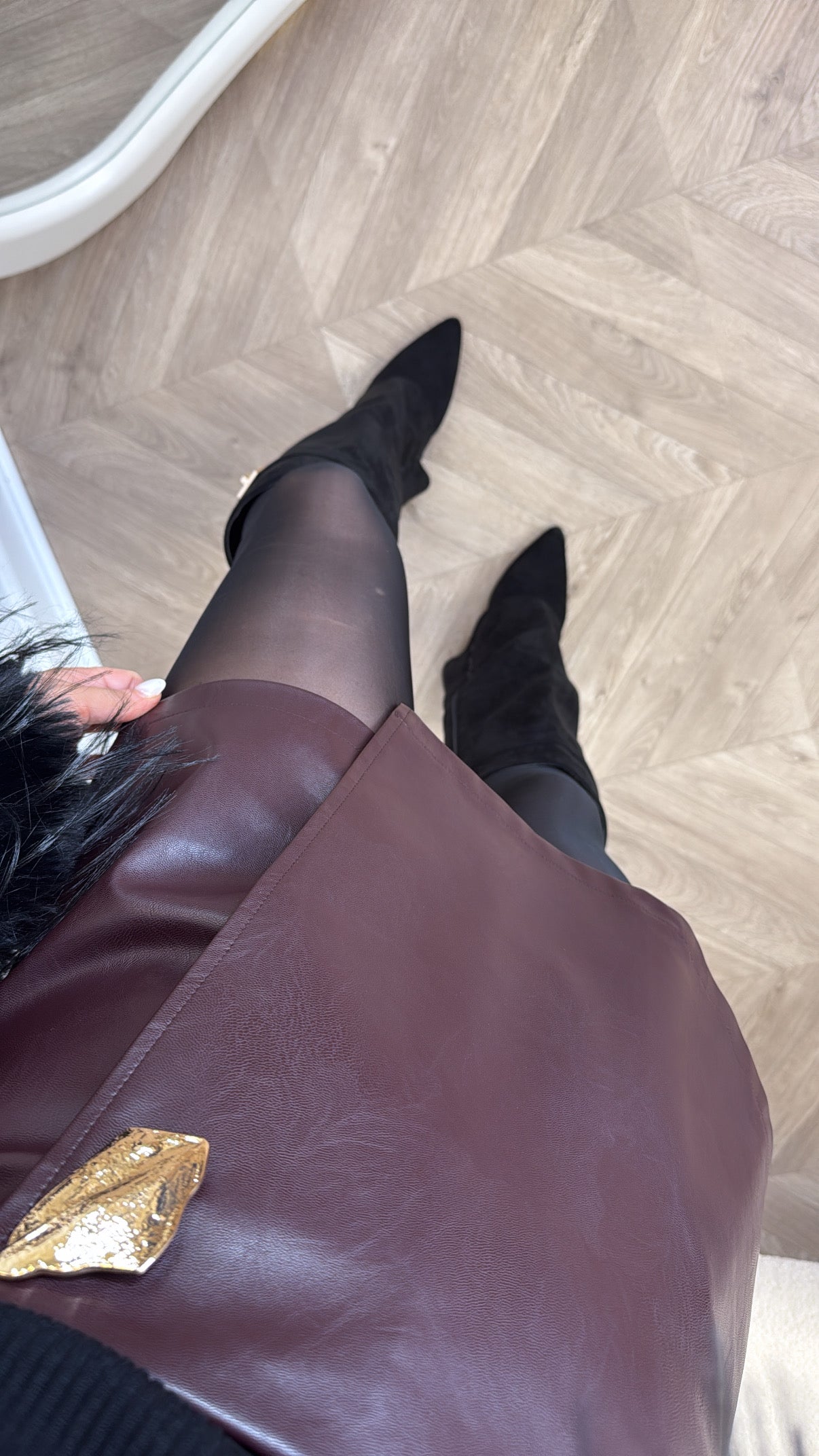 MARCY burgundy faux leather skort with gold hardware