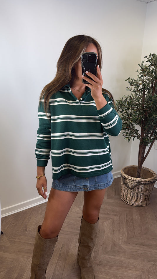 LOLA green and cream stripe long sleeve polo top