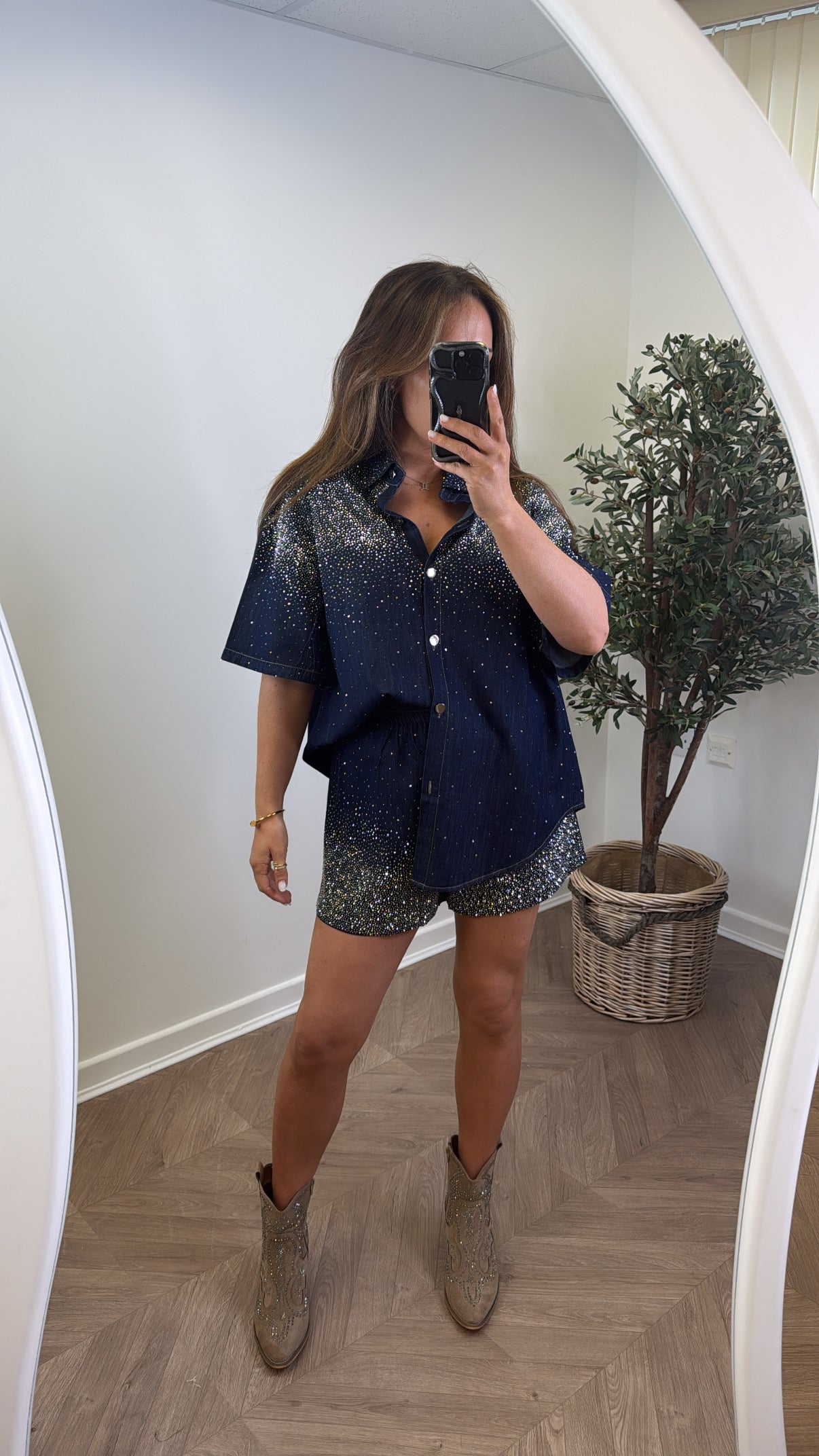 EMMY indigo blue denim crystal co-ord