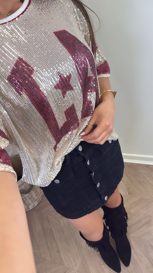 KASEY burgundy and gold sequin LA top
