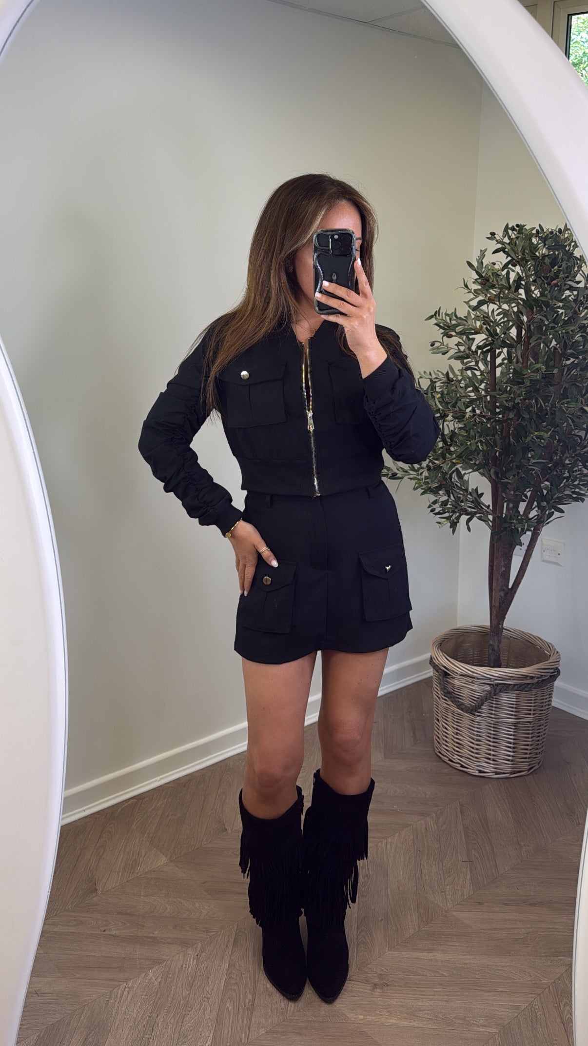SANDIE black bomber jacket and skort co-ord