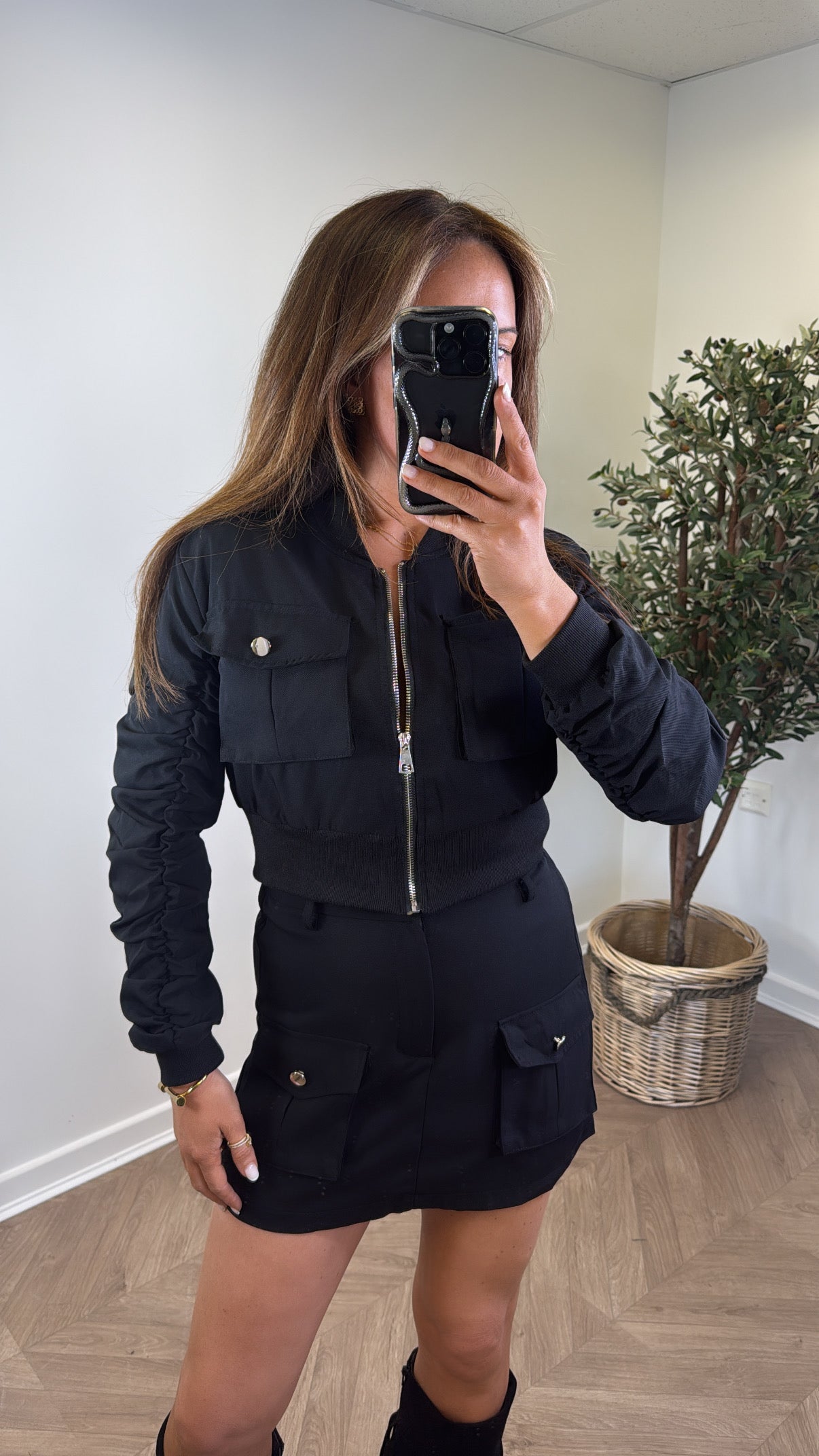 SANDIE black bomber jacket and skort co-ord