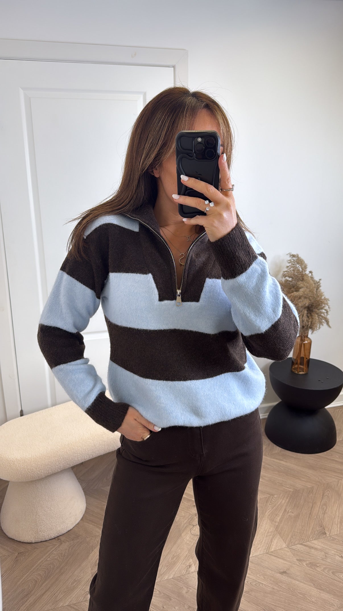 CLARA brown and blue half zip jumper