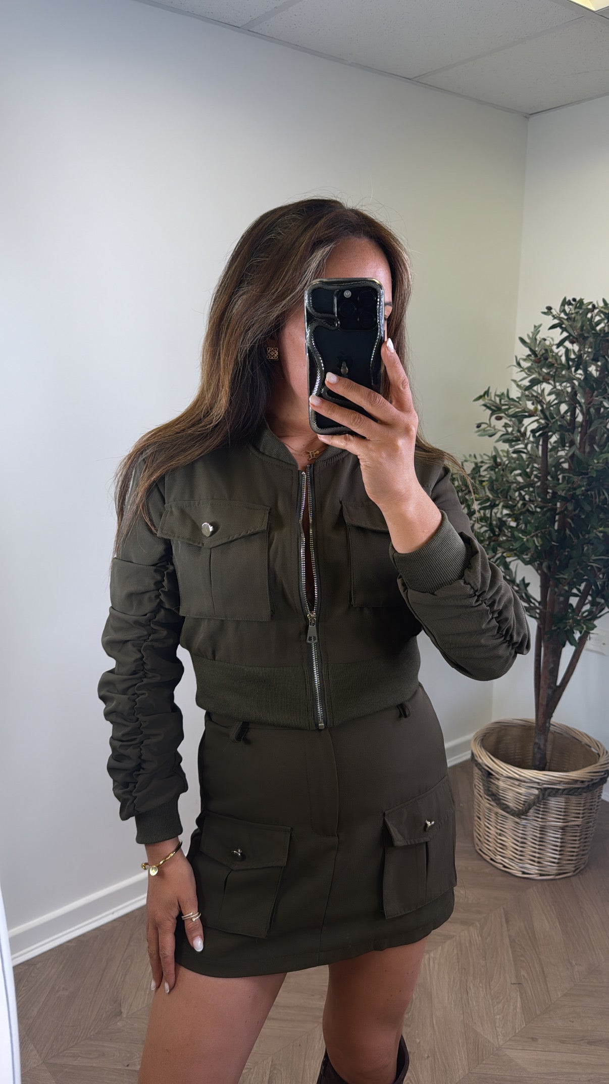 SANDIE khaki bomber jacket and skort co-ord