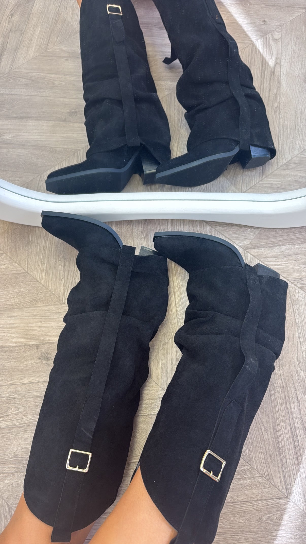 MELODY black fold over buckle detail knee boots