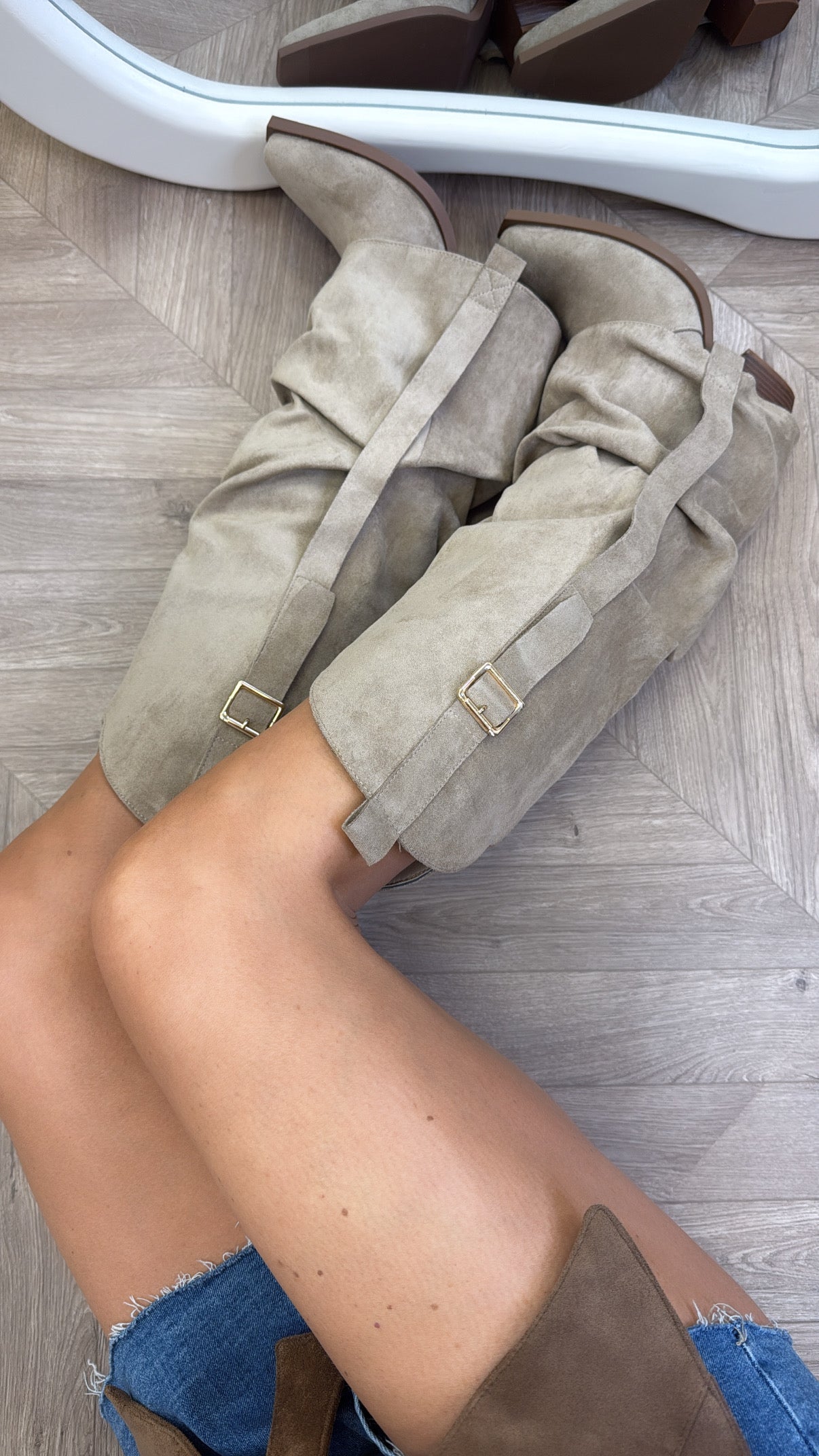 MELODY beige fold over buckle detail knee boots