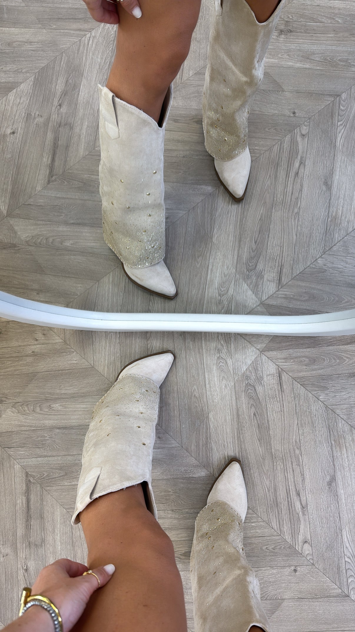 CLARISSA cream diamante detail fold down cow boy boots