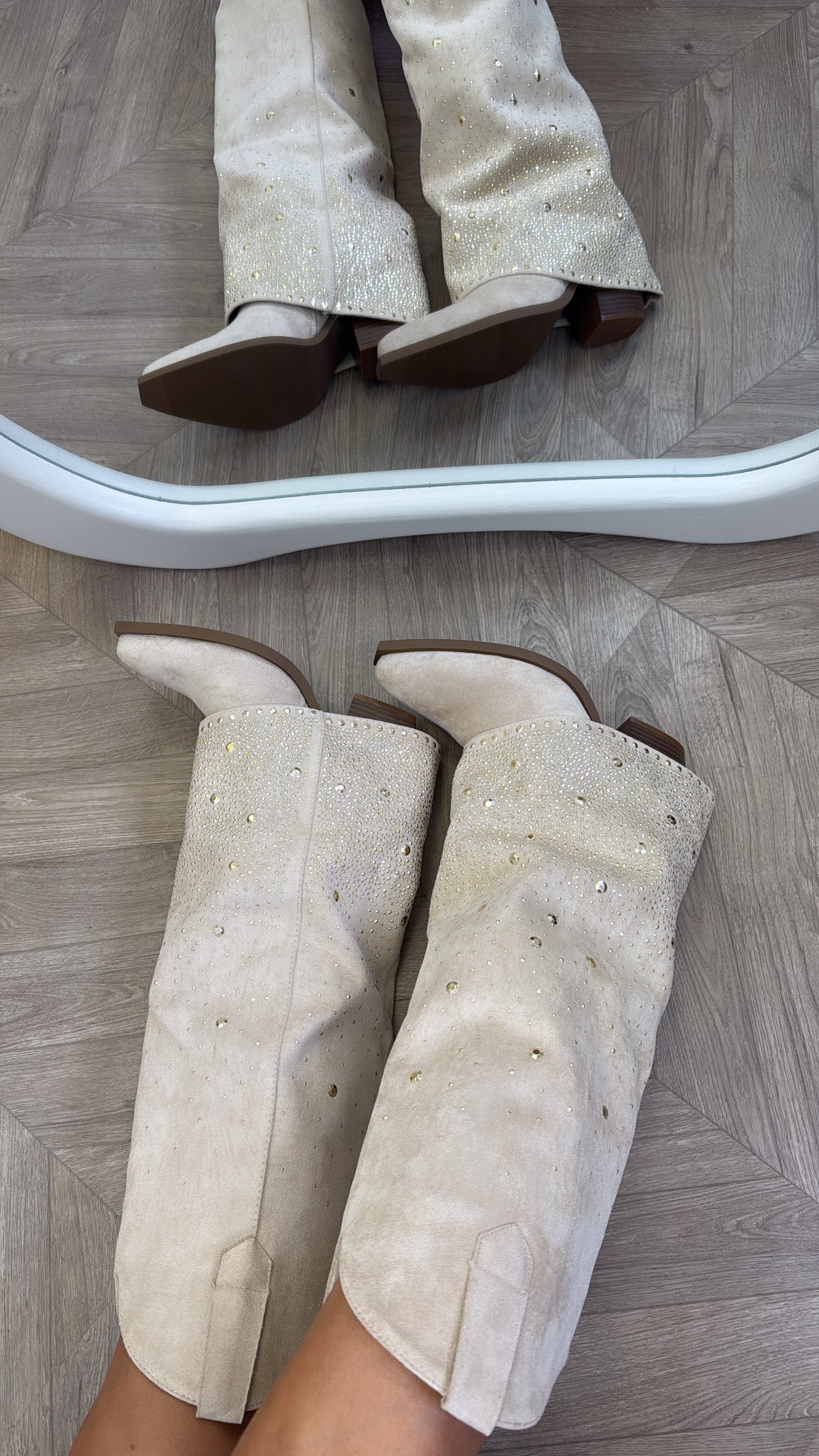 CLARISSA cream diamante detail fold down cow boy boots