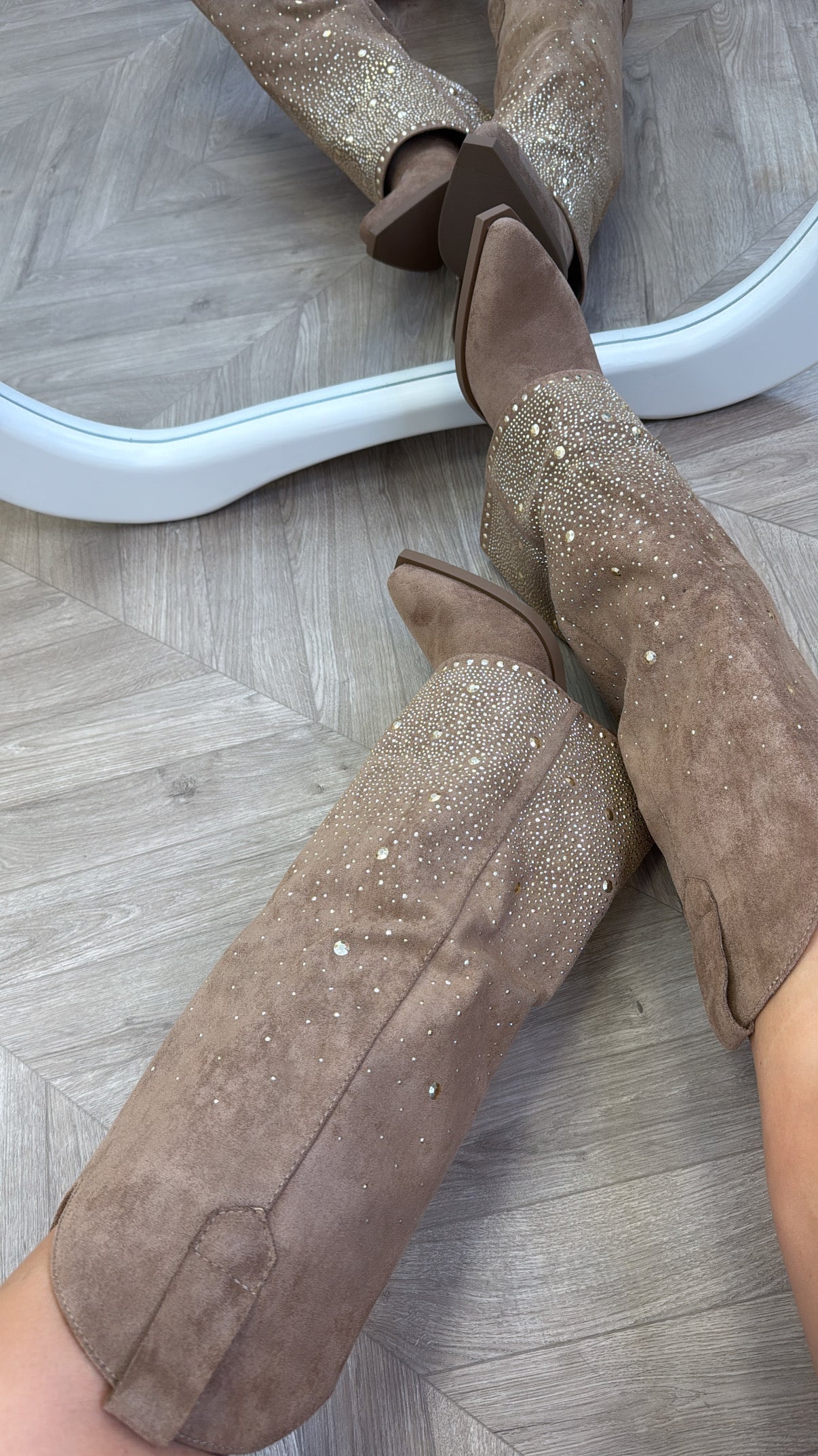 CLARISSA camel diamante detail fold down cow boy boots