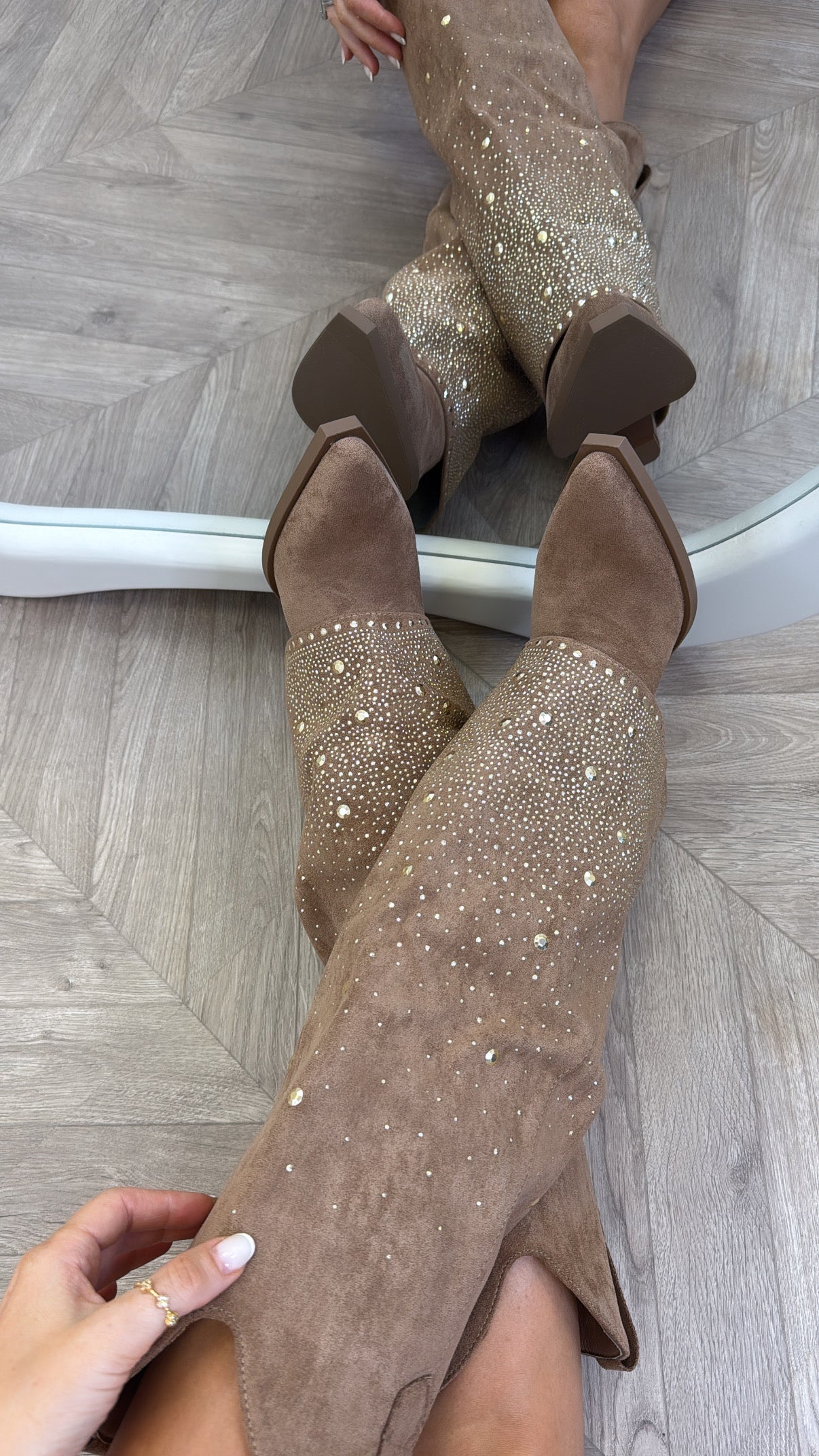 CLARISSA camel diamante detail fold down cow boy boots