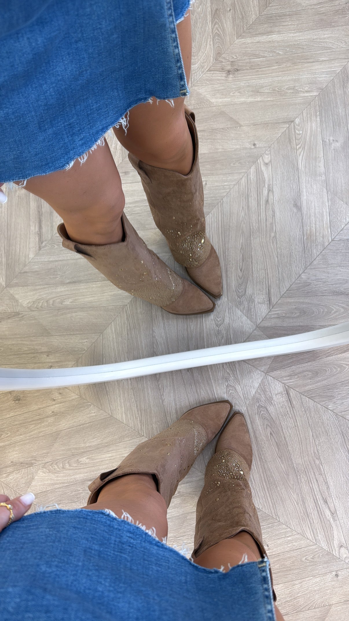 CLARISSA camel diamante detail fold down cow boy boots