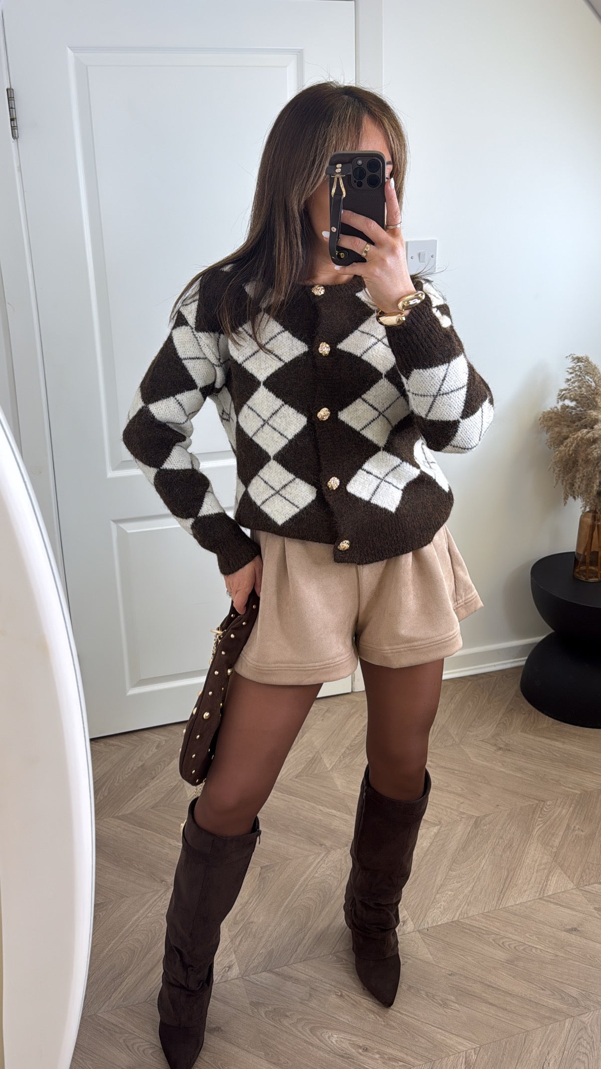 CHER cream and brown argyle cardigan with gold buttons