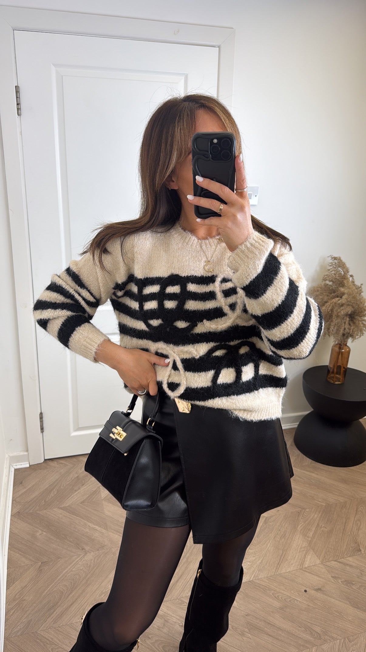 MOLLIE black and cream fluffy stripe jumper