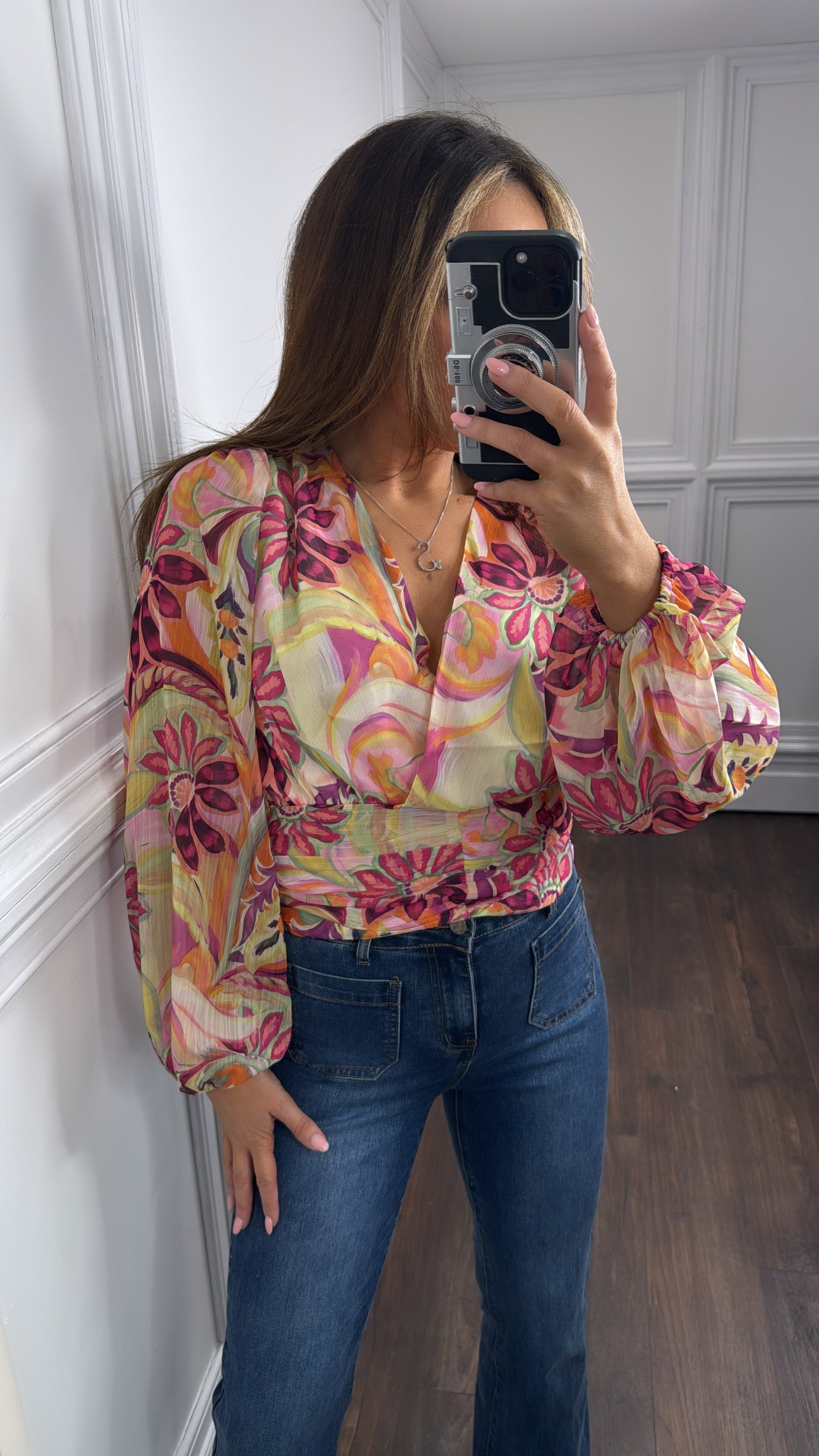 AMBER pink tropical print chiffon blouse