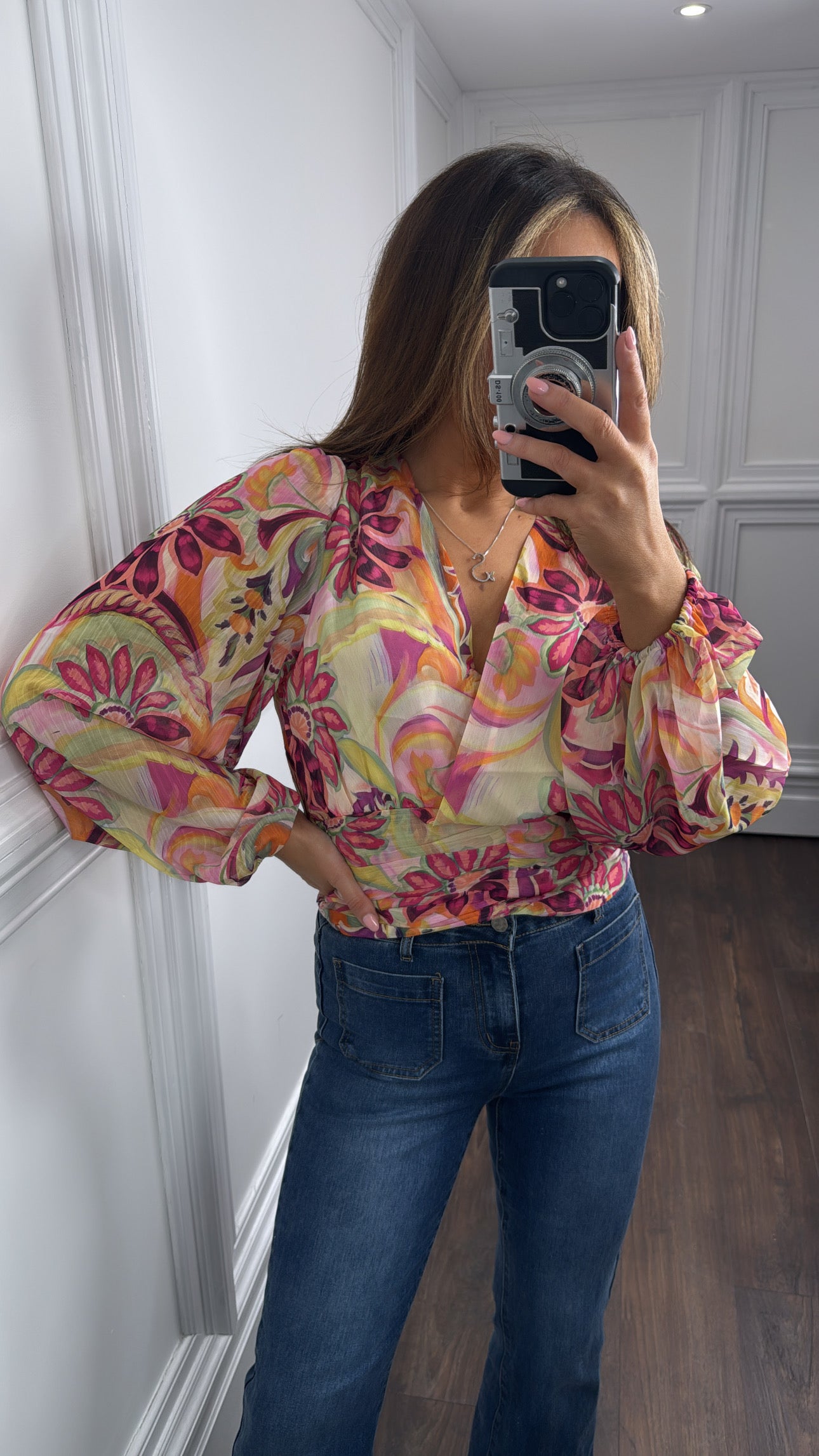 AMBER pink tropical print chiffon blouse