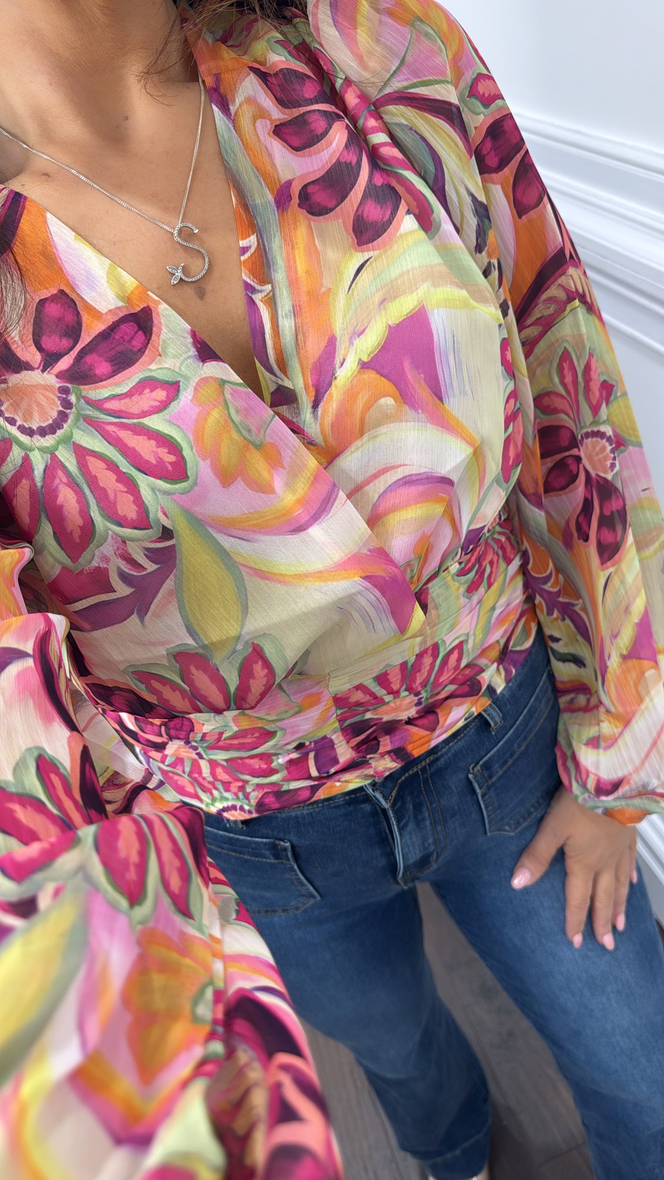 AMBER pink tropical print chiffon blouse