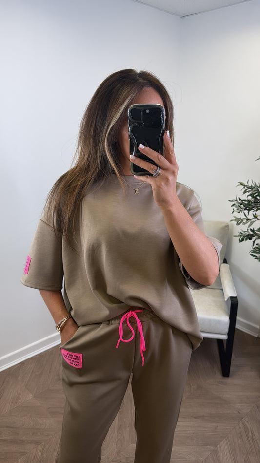 LESSIE mocha life logo lounge set with cuffed joggers