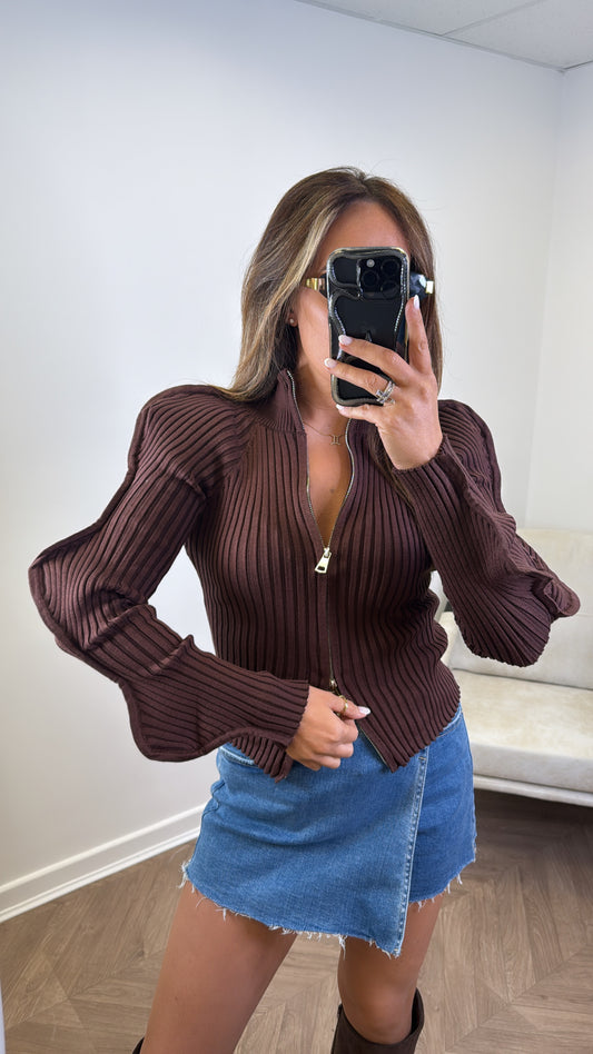 HATTIE brown ribbed zip up top