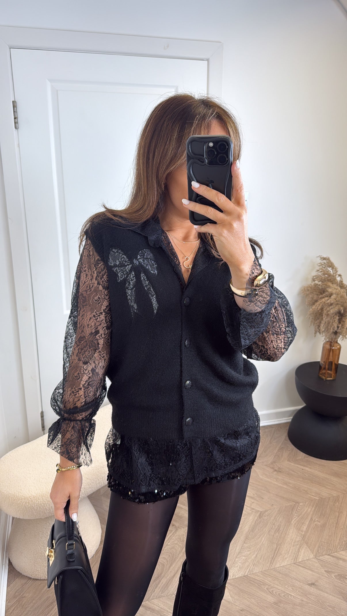 TORI black lace blouse and black cardigan co-ord
