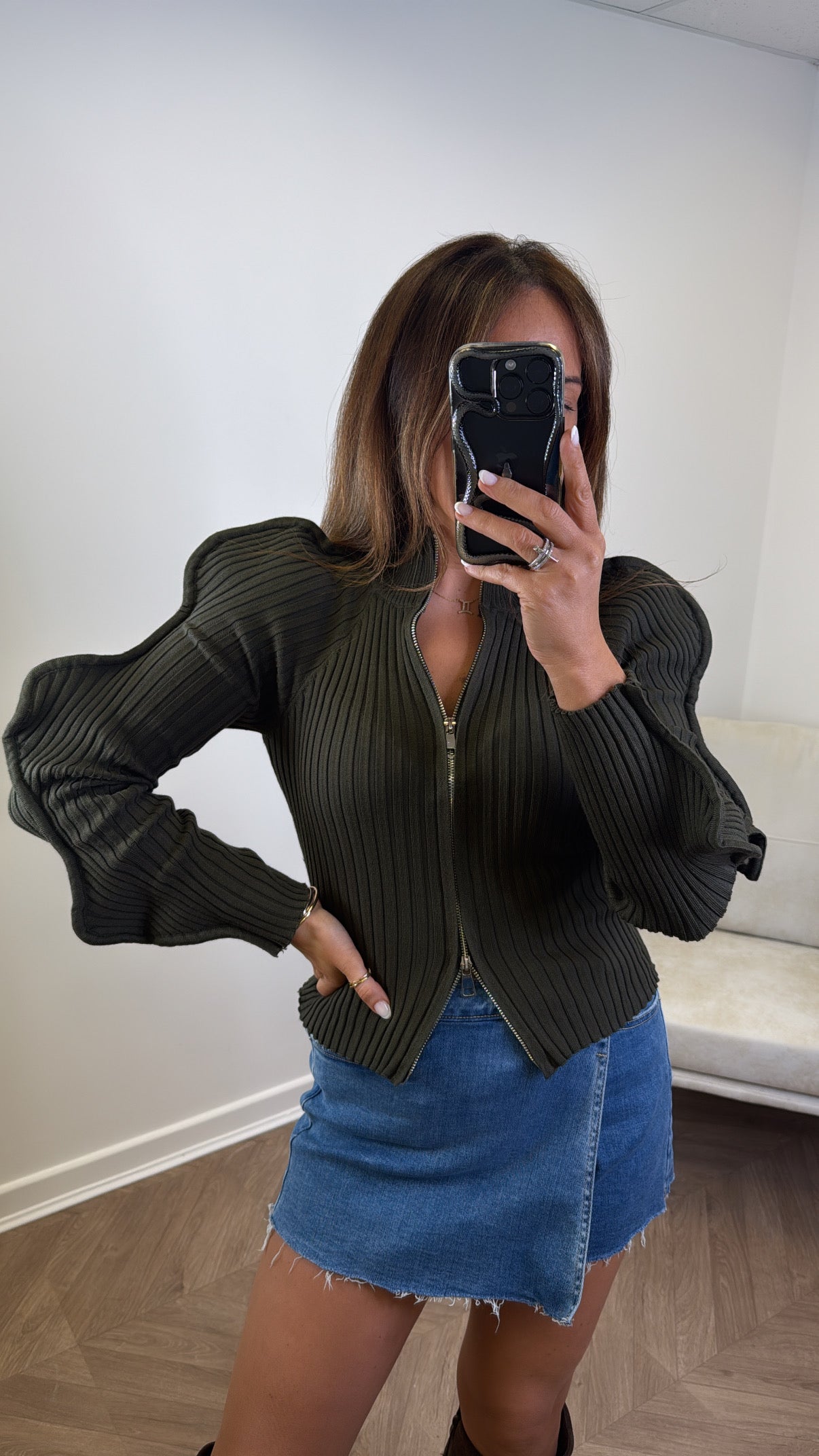 HATTIE khaki ribbed zip up top