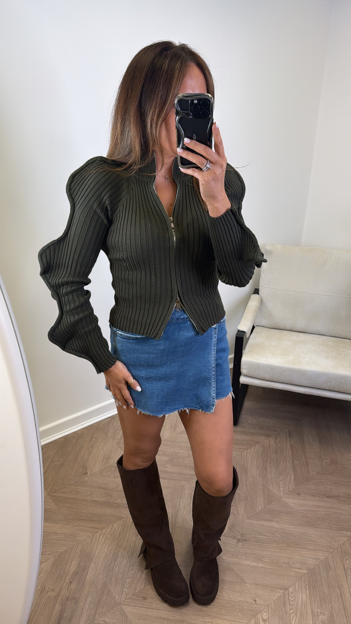 HATTIE khaki ribbed zip up top