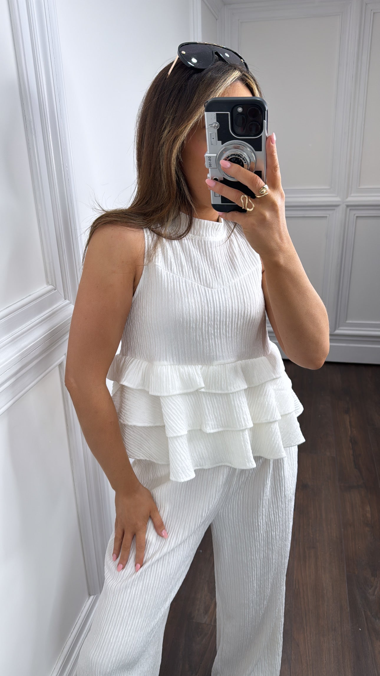 ZOEY white ruffle top and trousers co-ord