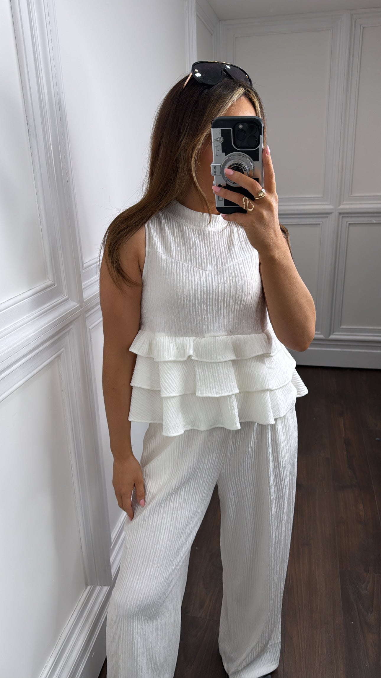 ZOEY white ruffle top and trousers co-ord