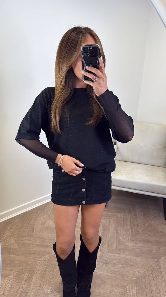 JESSICA black jewel mesh sleeve t-shirt