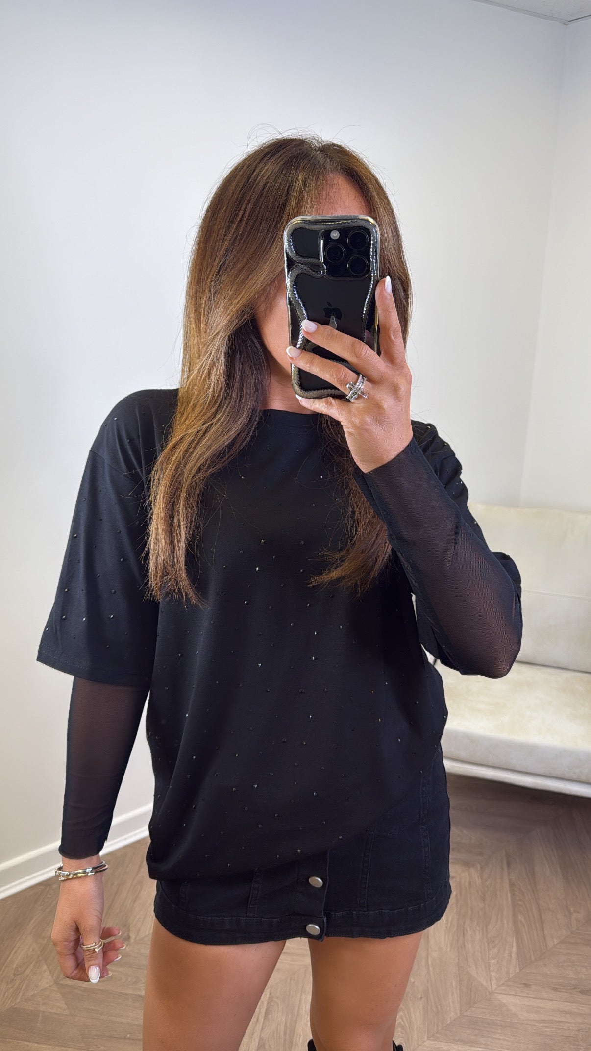JESSICA black jewel mesh sleeve t-shirt