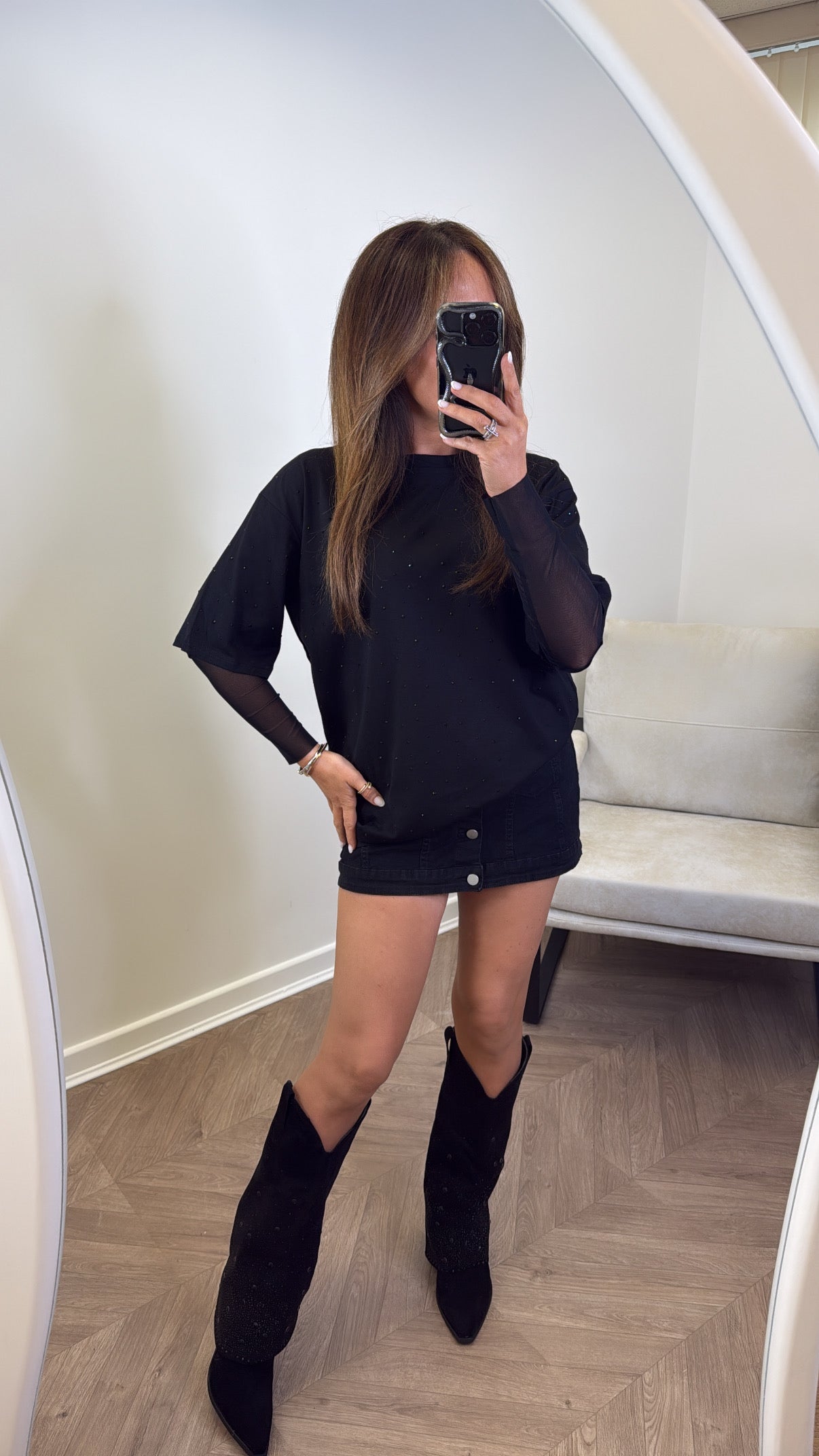 JESSICA black jewel mesh sleeve t-shirt