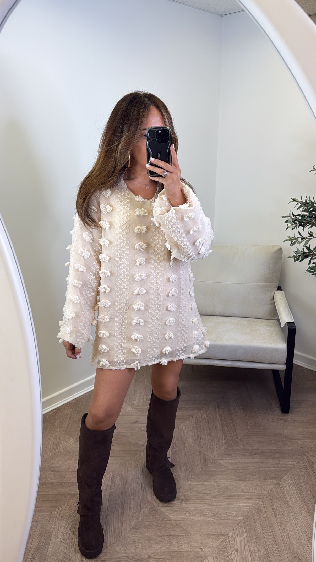 KARA beige mesh mini shift dress