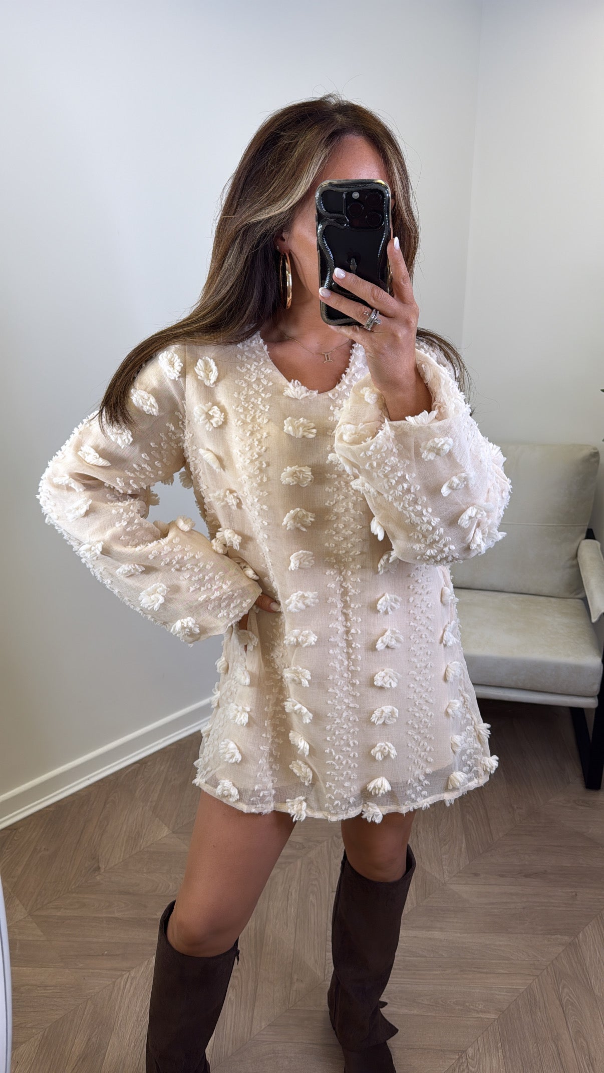 KARA beige mesh mini shift dress