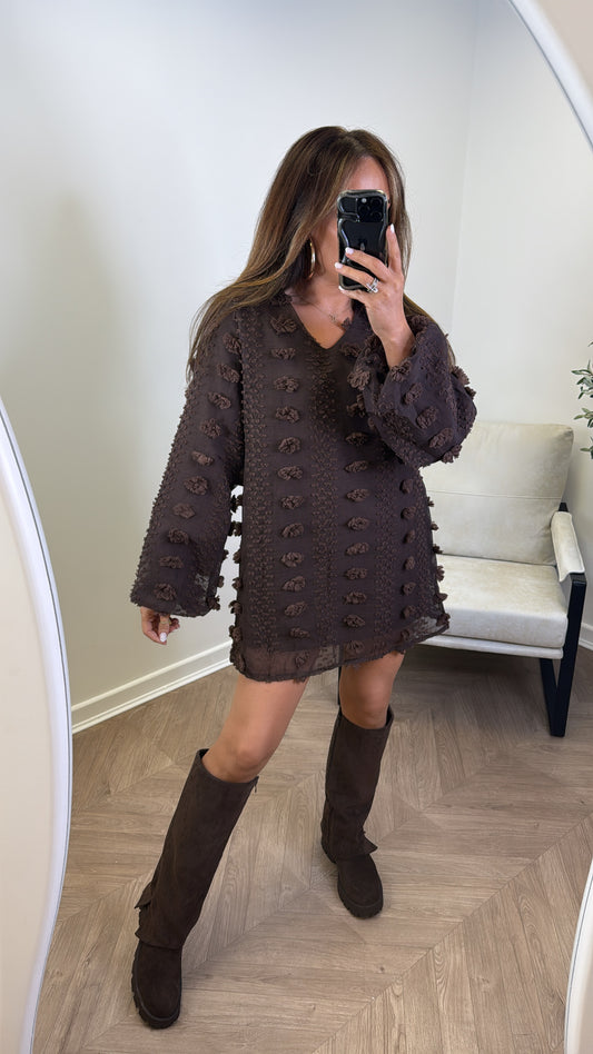 KARA brown mesh mini shift dress