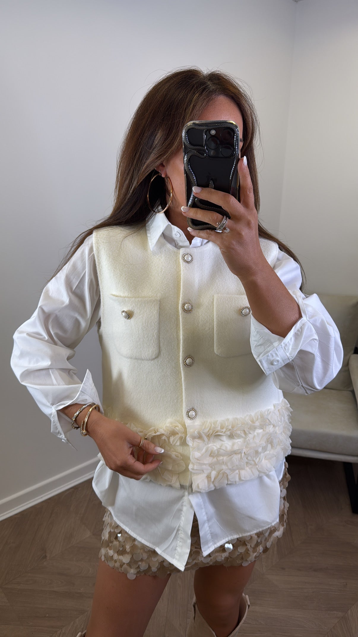 CHARLOTTE cream soft waist jacket and white shirt