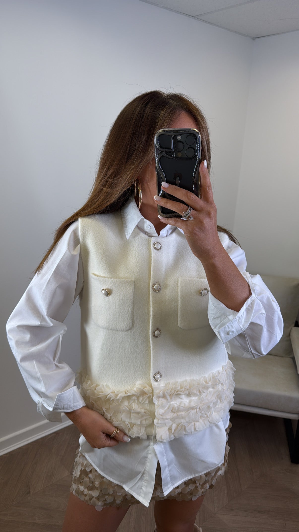 CHARLOTTE cream soft waist jacket and white shirt