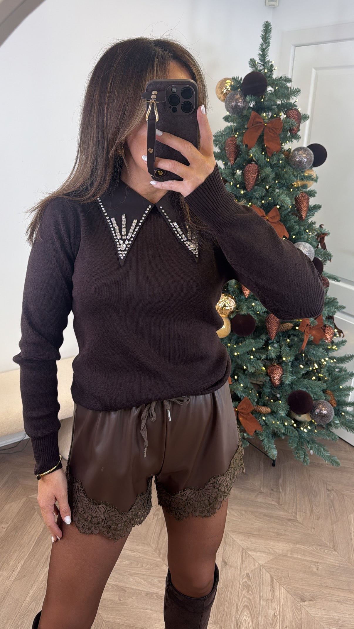 EMMIE dark brown jewel collar jumper