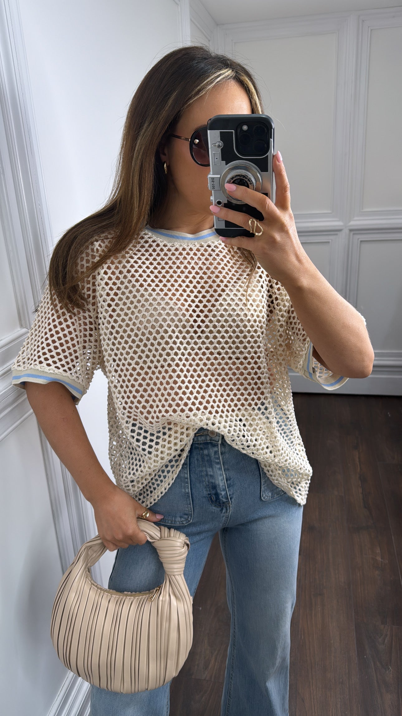 SUSIE blue and cream netted top
