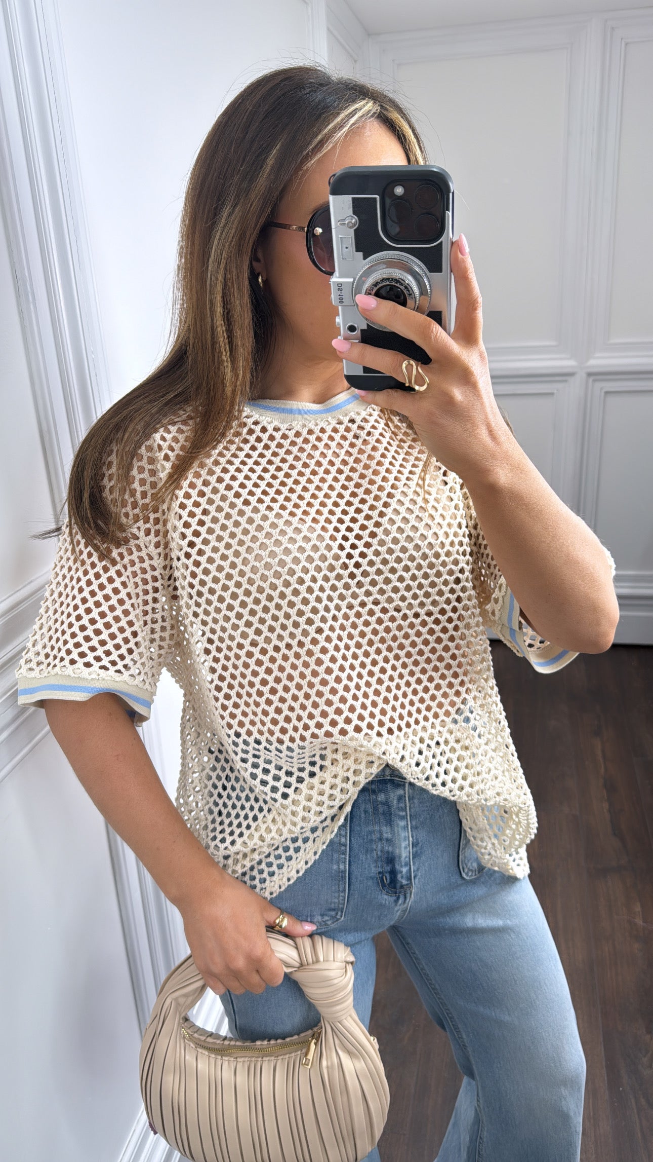 SUSIE blue and cream netted top