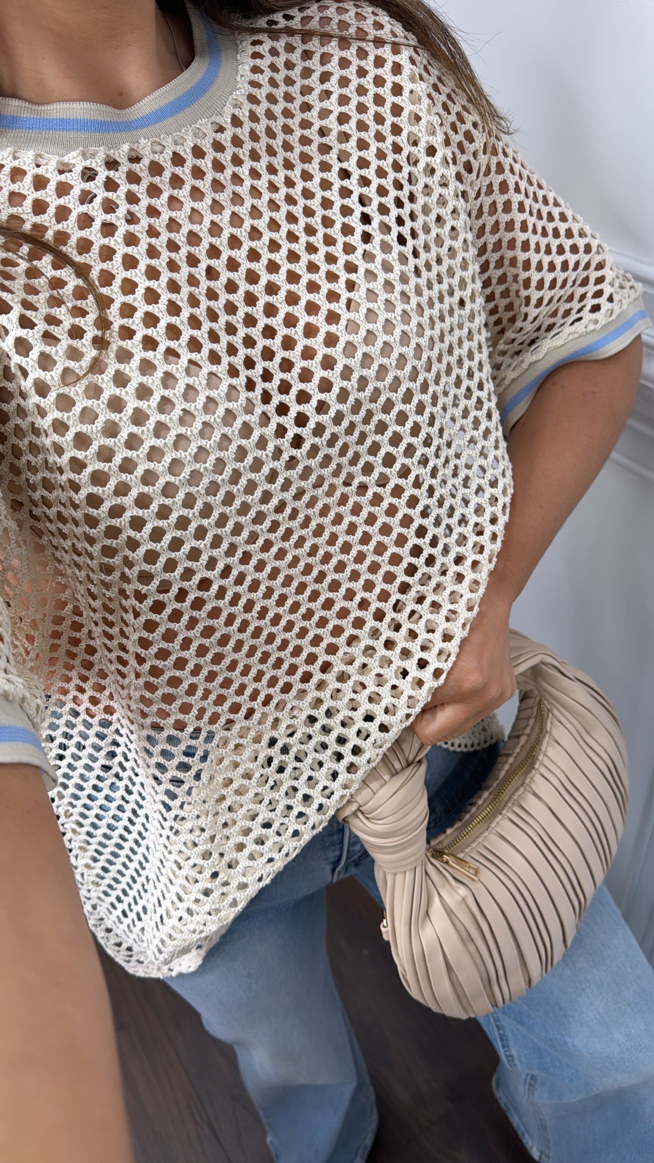 SUSIE blue and cream netted top