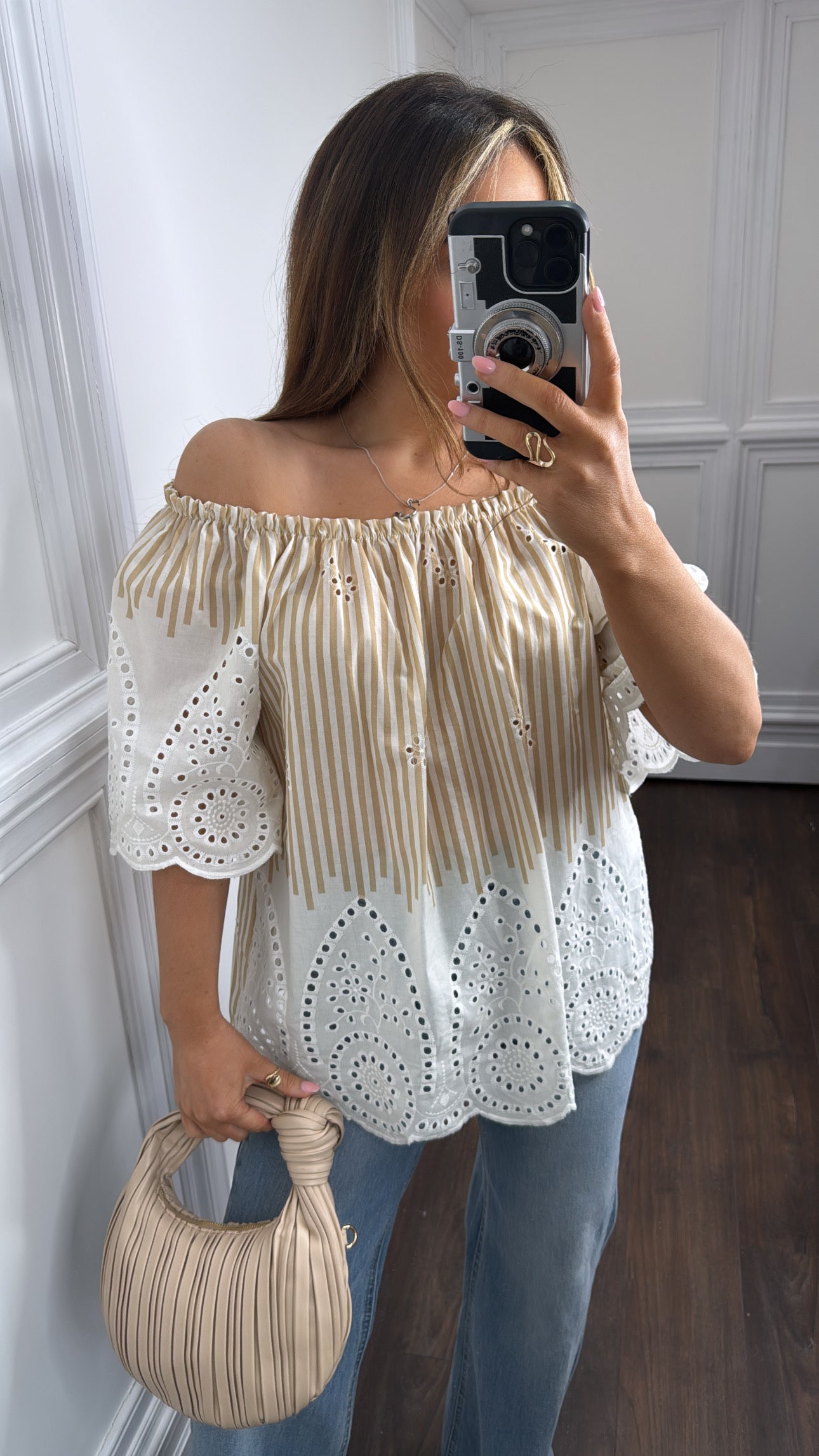 BONNIE camel and white stripe broderie anglaise top