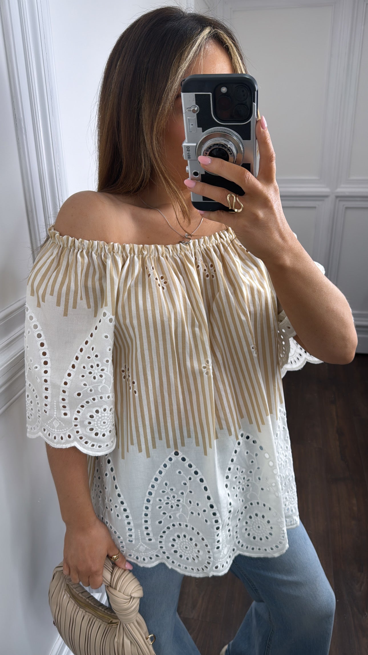 BONNIE camel and white stripe broderie anglaise top