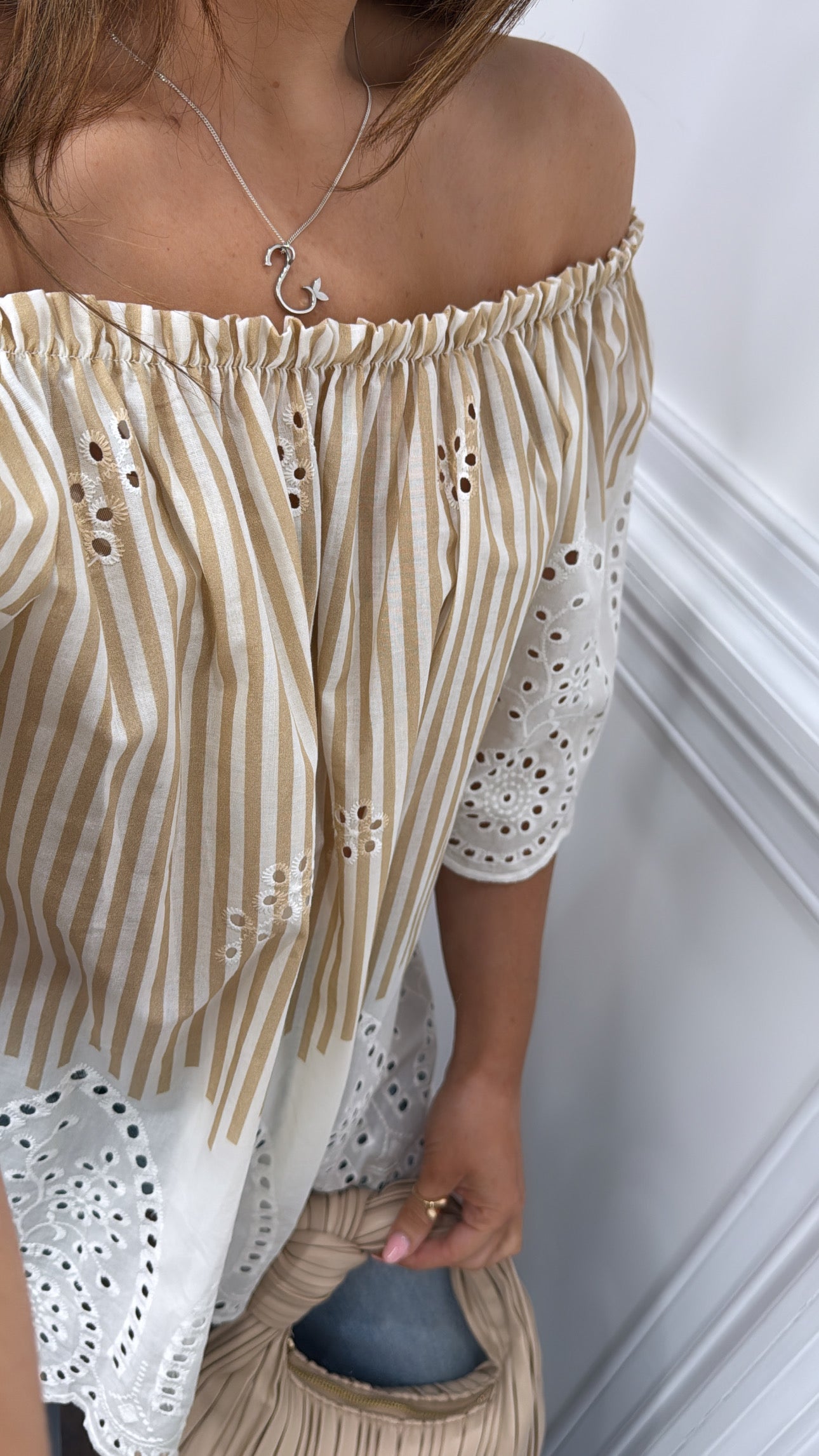 BONNIE camel and white stripe broderie anglaise top