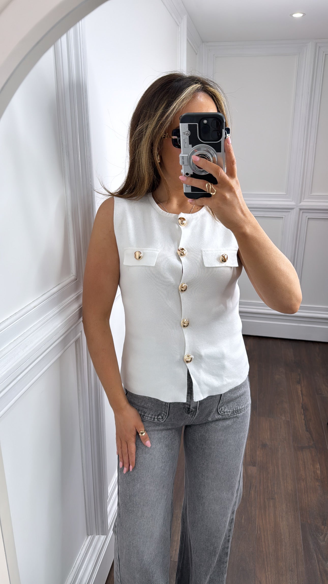 LAURA white gold button knitted top