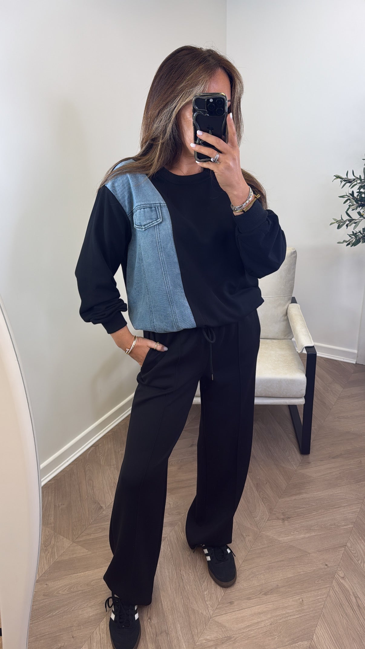 REEVA black denim contrast sweatshirt
