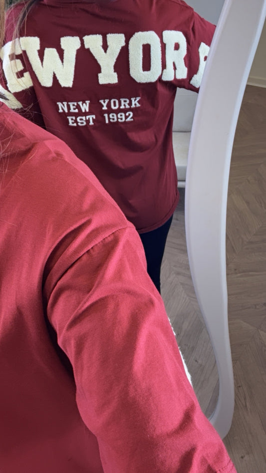 NEW YORK burgundy and cream borg detail tshirt