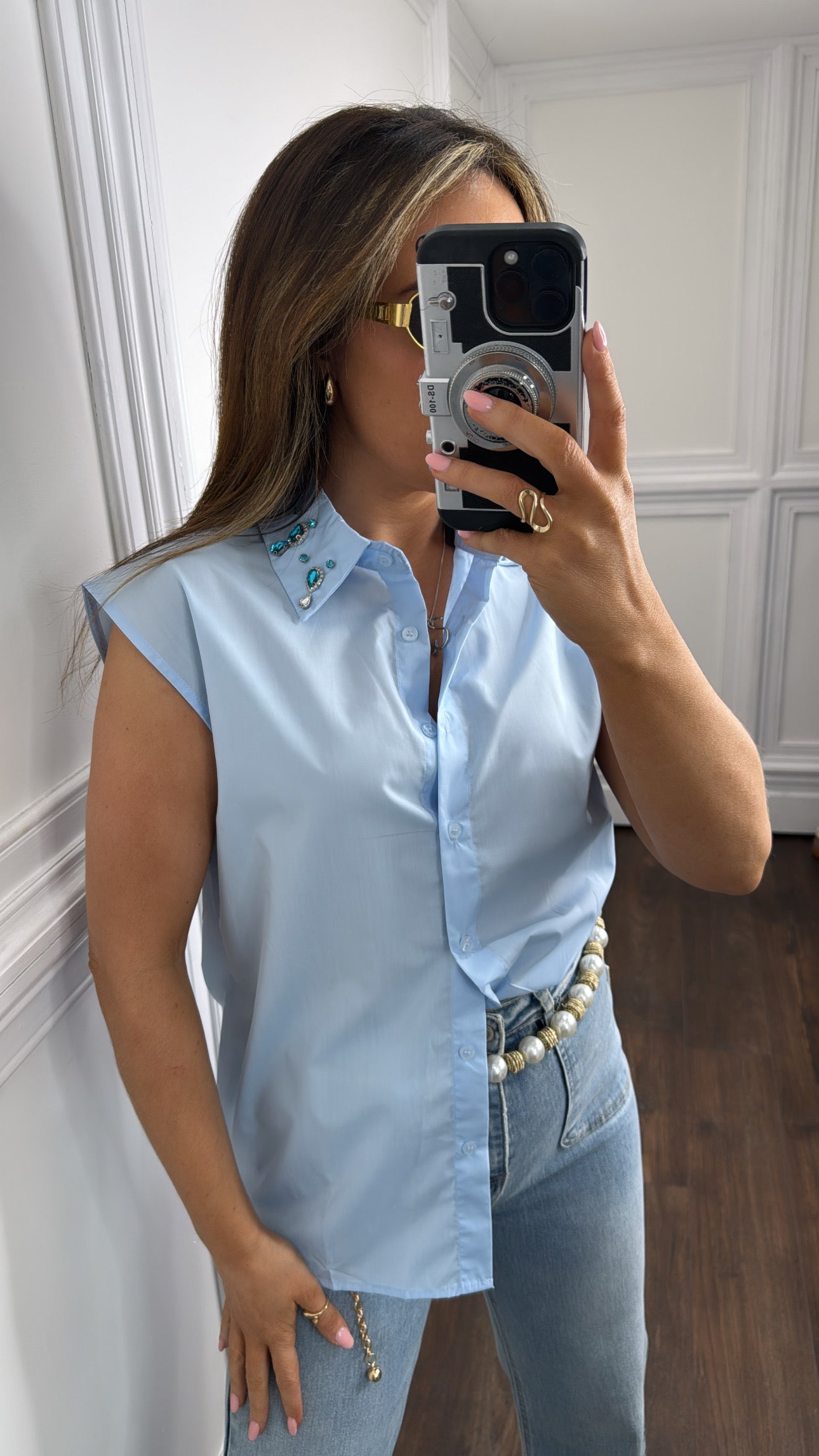 SHANNAN blue jewel sleeveless shirt